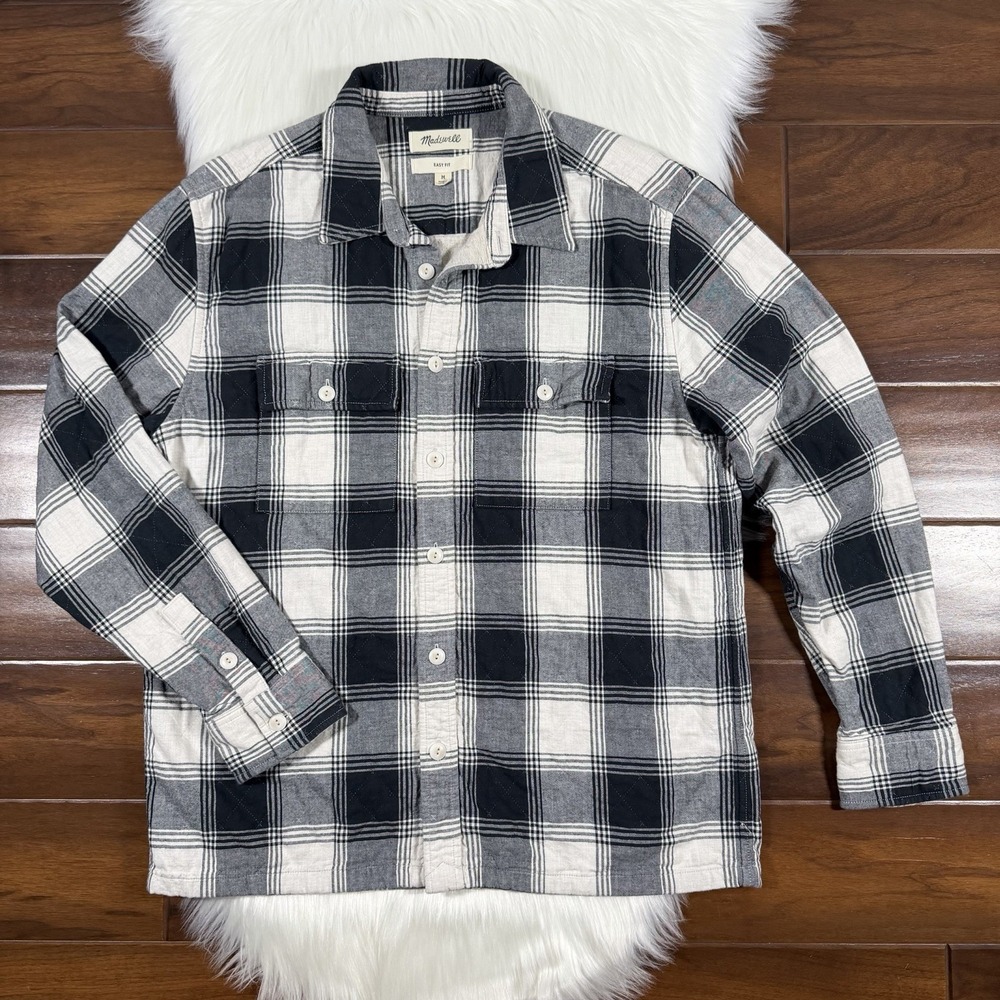 Madewell Mens Size Medium Black Plaid Quilted Easy Fit Button Shirt Jacket NC599